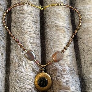 Handcrafted vintage pocket watch case locket art glass bead orca agate necklace